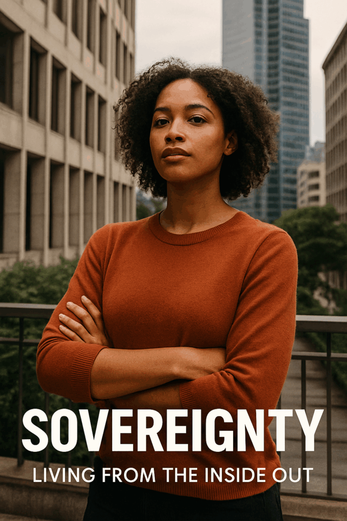 A confident young African American woman standing with arms crossed in front of a city skyline, symbolizing sovereignty, self-mastery, and grounded leadership. The sunlight behind her reflects her inner clarity and authority.